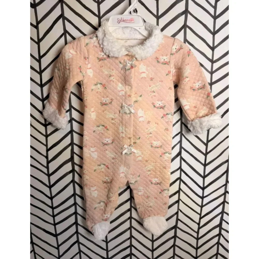 Kyle & Deena Pink Quilted Bear Faux Fur Cuffed Outfit Baby Girls 3-6M 5043